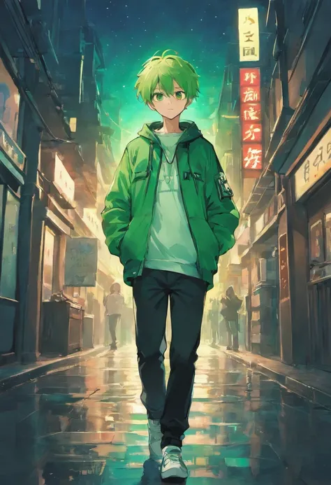 The man is walking coolly, he is wearing a green jacket, he is wearing black trousers, he is wearing white sneakers, he has short green hair, he has green eyes, he is in the city, night time, beautiful night sky, night breeze, extremely detailed