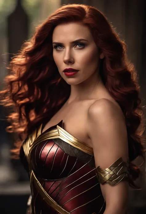 Scarlett Johansson, (bandage:1.3), (bdsm:1.1), beautiful body, beautiful breasts, shorts, burgundy hair, cosplay Wonder Woman, shot on dslr, detailed face, cinematography, maximum details, neutral colors, hdr, muted colors, soft cinematic light, insane det...