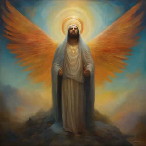 A painting of an anxious man with a halo and wings, Deus celestial, Portrait of a cosmic god, Um retrato impressionante de um Deus, Retrato de anjo, retrato de um belo anjo, Deus. detalhes extremamente altos, Artgerm Julie Bell Beeple, cosmic goddess, God ...