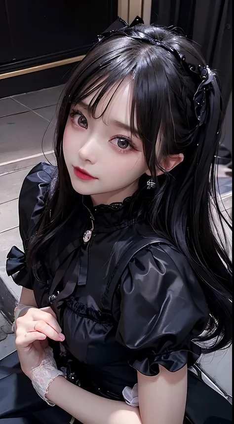 top-quality　​masterpiece　8K Masterpiece　Face with ultra-detailed details　Draw the face in detail　One woman wearing Gothic Lolita black　Full body photo　kawaii pose　Sexy Pictures　Focus on the face　Kamimei　Close-range photography　The majority of users on the ...