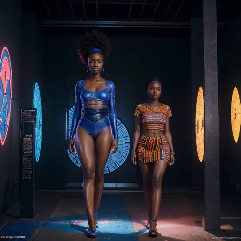 African woman dressed in neon lit African designed clothes, standing in museum full of QR code sculptures, QR code sculptures and art work shining blue and red light, with iridescent light, 32k, ultra HD, unreal engine rendered, cinematic lighting, artgerm...