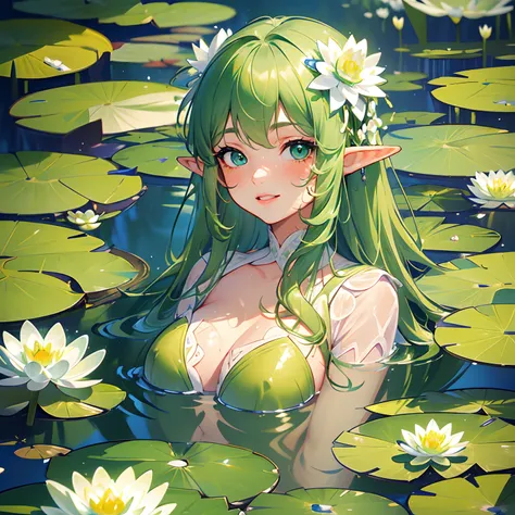 (high angle), ((close-up portrait of young solo elf woman with green hair)), lying in water, body submerged in water, shallow water, ((surrounded by white flowers, water lily pads and lotus)), extremely detailed face, wet, perfect illumination, masterpiece...