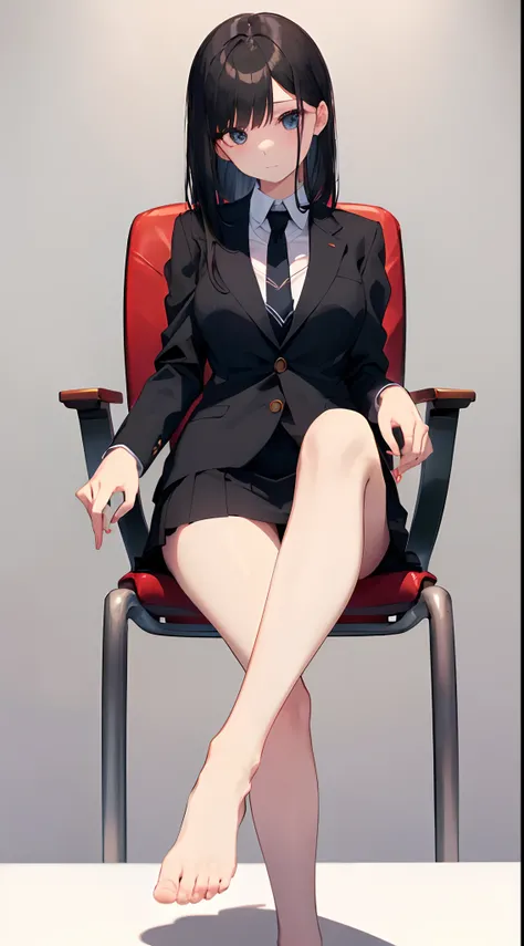 ​masterpiece、top-quality、detaile、hight resolution、extremely delicate and beautiful、beutiful breast、femele１a person、((femele１a person、Cutter shirt、neck tie、Woman in suit、a miniskirt、Sit on a chair and cross your legs、white backgrounid、Long Black Hair))