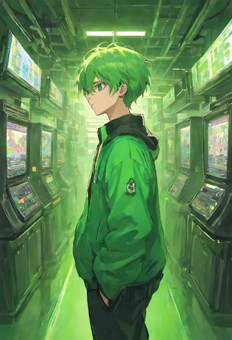 Man stands cool, He wears a green jacket, He wears black pants, He wears white sneakers, He has short green hair, He has green eyes, He wears sunglasses, Hes in the computer room, Traders Room, Mechanical future, Very peaceful atmosphere, Extremely detaile...