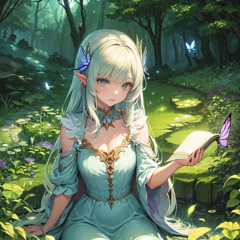 ((best quality)), ((masterpiece)), (detailed), highly detailed skin, ((ultra-detailed)), (sitting), sharp focus, HDR, 8K resolution, (illustration), (beautiful detailed eyes), (good hands), 1girl, fantasy, fairy tale, enchanted forest, (magical creatures:1...