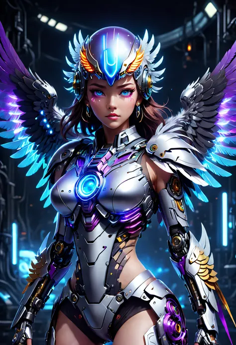 (Best quality, 8K, A high resolution, tmasterpiece:1.2), （Ultra-detailed), (Cybertron futuristic mechanical bald eagle), full bodyesbian, dreamy glow，luminous neon lights，High-tech mechanical parts,Metal claws and wings,Metal heads and pecks,Metal feathers...