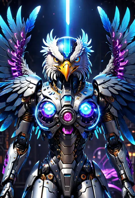 (Best quality, 8K, A high resolution, tmasterpiece:1.2), （Ultra-detailed), (Cybertron futuristic mechanical bald eagle), full bodyesbian, dreamy glow，luminous neon lights，High-tech mechanical parts,Metal claws and wings,Metal heads and pecks,Metal feathers...