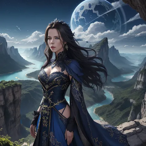 ((melhor qualidade)), ((obra-prima)), (detalhado), Empress Dragon "Kate Beckinsale", olhos realistas, cabelo preto, olhos azuis, seios pequenos, vestido de setin koreano sensual, paisagem maligna, ethereal beauty, (Fantasy Illustration:1.3), olhar encantad...