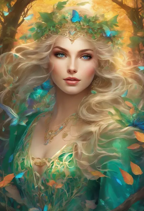 (best quality,4k,8k,highres,masterpiece:1.2),ultra-detailed,(realistic,photorealistic,photo-realistic:1.37),elf girl with long blonde hair wearing a green dress and having mesmerizing blue eyes,wisps of curly hair gently caressing her face,fair porcelain s...