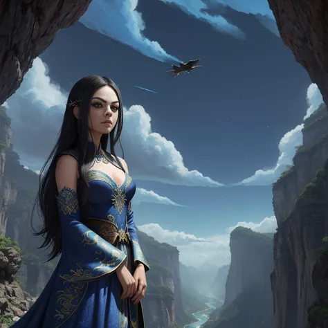 ((melhor qualidade)), ((obra-prima)), (detalhado), Empress Dragon "Mila Kunis", olhos realistas, cabelo preto, olhos azuis, seios pequenos, vestido de setin koreano sensual, paisagem maligna, ethereal beauty, (Fantasy Illustration:1.3), olhar encantador, p...