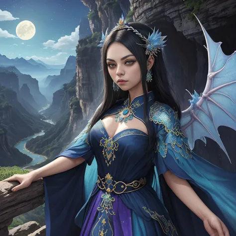 ((melhor qualidade)), ((obra-prima)), (detalhado), Empress Dragon "Mila Kunis", olhos realistas, cabelo preto, olhos azuis, seios pequenos, vestido de setin koreano sensual, paisagem maligna, ethereal beauty, (Fantasy Illustration:1.3), olhar encantador, p...