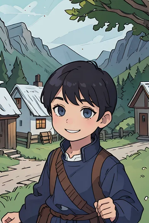 nordic、A small village surrounded by beautiful nature、male child、A dark-haired、a smile