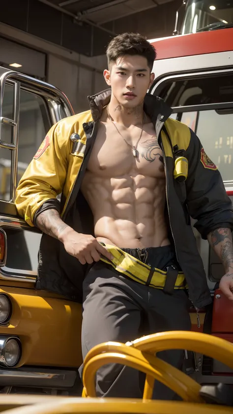 (masterpiece, top quality, high resolution), 1male, (young asian male), handsome asian male, young male, ((firefighter)), (hunky, handsome man, extremely handsome, ridiculously handsome, attractive man, strong masculine features), (shirtless, undressed, Op...