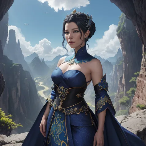 ((melhor qualidade)), ((obra-prima)), (detalhado), Empress Dragon "Evangeline Lilly", olhos realistas, cabelo preto, olhos azuis, seios pequenos, vestido de setin koreano sensual, paisagem maligna, ethereal beauty, (Fantasy Illustration:1.3), olhar encanta...