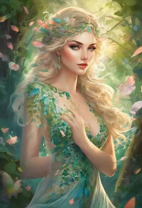 (best quality,4k,8k,highres,masterpiece:1.2),ultra-detailed,(realistic,photorealistic,photo-realistic:1.37),elf girl with long blonde hair wearing a green dress and having mesmerizing blue eyes,wisps of curly hair gently caressing her face,fair porcelain s...