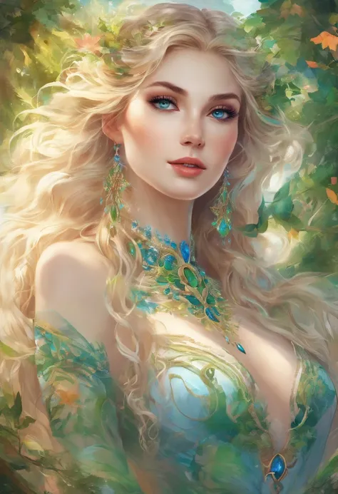 (best quality,4k,8k,highres,masterpiece:1.2),ultra-detailed,(realistic,photorealistic,photo-realistic:1.37),elf girl with long blonde hair wearing a green dress and having mesmerizing blue eyes,wisps of curly hair gently caressing her face,fair porcelain s...