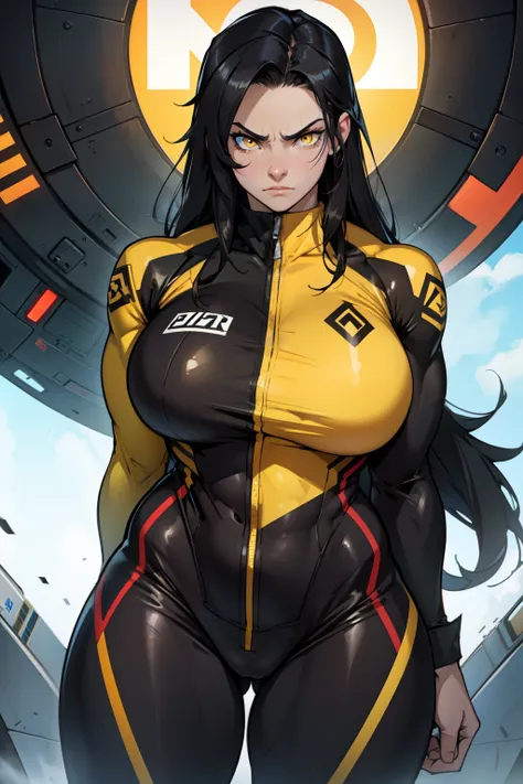 1girl (bodybuilder huge tits curvy) black hair yellow eyes very long hair pale skin angry pilot suit