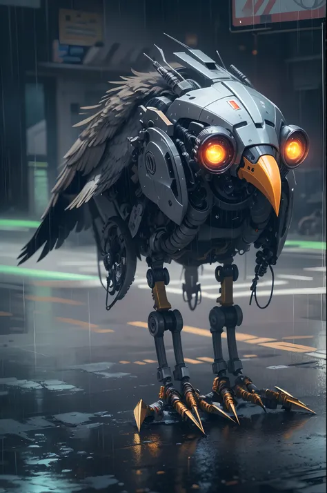 (Best quality, A high resolution, Ultra-detailed), Robot bird-headed robot, Mechanical, Futuristic, Metallic, glowing light eyes, sharp beak, Joint movements, industrial design, Rain-soaked streets, dystopian city, atmospheric fog, Cinematic, Atmospheric l...