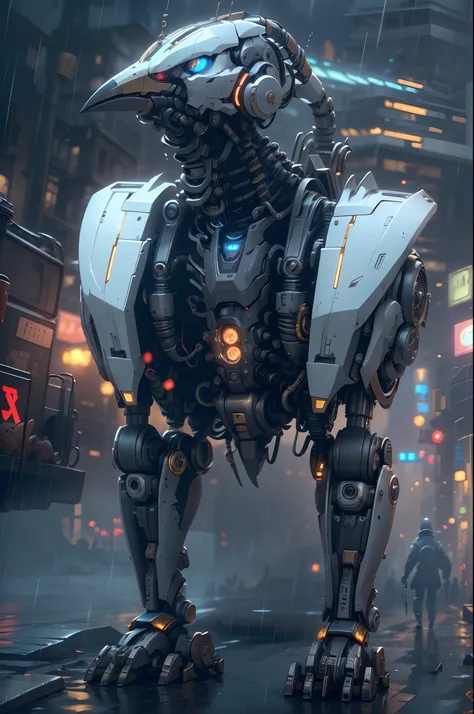 (Best quality, A high resolution, Ultra-detailed), Robot bird-headed robot, Mechanical, Futuristic, Metallic, glowing light eyes, sharp beak, Joint movements, industrial design, Rain-soaked streets, dystopian city, atmospheric fog, Cinematic, Atmospheric l...