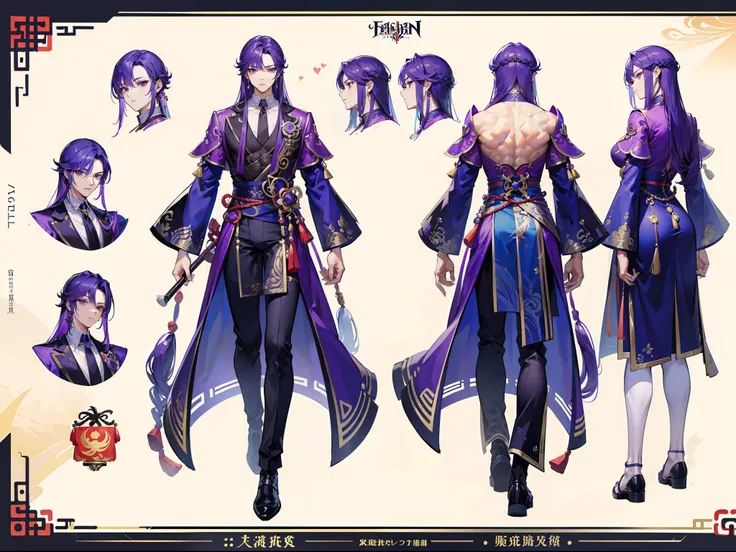 ((Masterpiece, Highest quality)), Detailed face, character design sheet，full body esbian, Full of details, frontal body view, back body view, Highly detailed, Depth, Many parts, Muscle boy with long purple hair，handsome man,  Traditional chinese clothes, G...