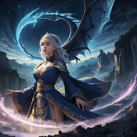 ((melhor qualidade)), ((obra-prima)), (detalhado), Empress Dragon "Emilia Clarke", olhos realistas, cabelo preto, olhos azuis, seios pequenos, vestido de setin koreano sensual, paisagem maligna, ethereal beauty, (Fantasy Illustration:1.3), olhar encantador...