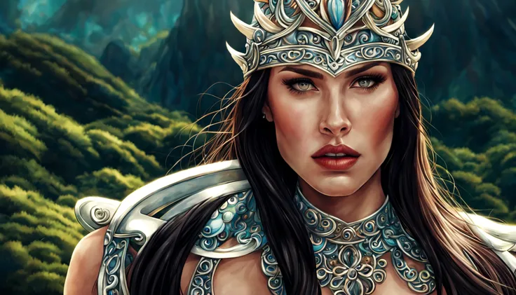 ((melhor qualidade)), ((obra-prima)), (detalhado), Empress Dragon "Megan Fox", olhos realistas, cabelo preto, olhos azuis, seios pequenos, vestido de setin koreano sensual, paisagem maligna, ethereal beauty, (Fantasy Illustration:1.3), olhar encantador, po...