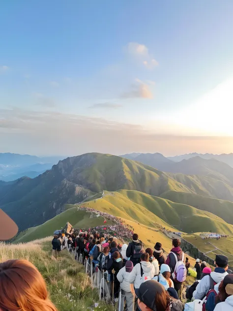 People stand on a hill，Overlooking a large group of mountains, 8 k. filling of the view, crowded and populated, 8 k. filling most of the view, during sunrise, Many people, late sunset, author：Nico Henrikan, Far view, thousands of tiny onlookers, on top of ...