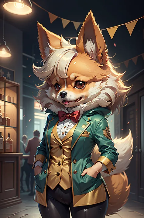 （Woman in party dress）Cartoon Anthropomorphic Pomeranian Dog、The background is the party venue