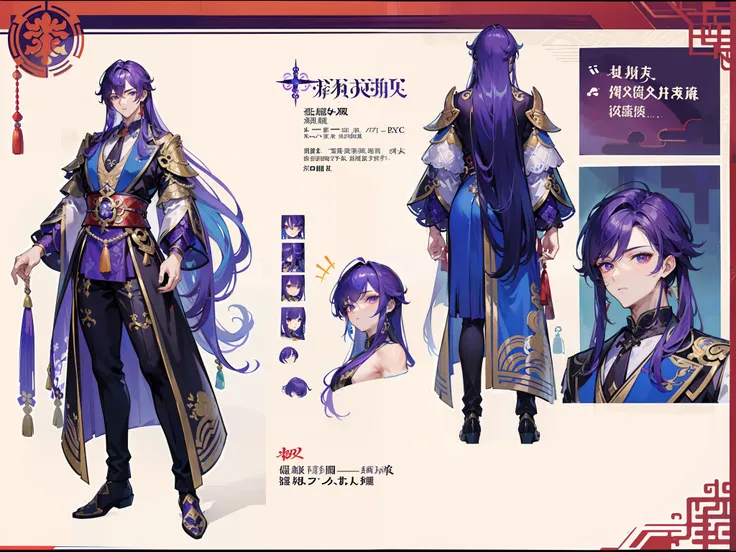 ((Masterpiece, Highest quality)), Detailed face, character design sheet， full bodyesbian, Full of details, frontal body view, back body view, Highly detailed, Depth, Many parts, Muscle boy with purple long hair，handsome man, Traditional chinese clothes, Ge...