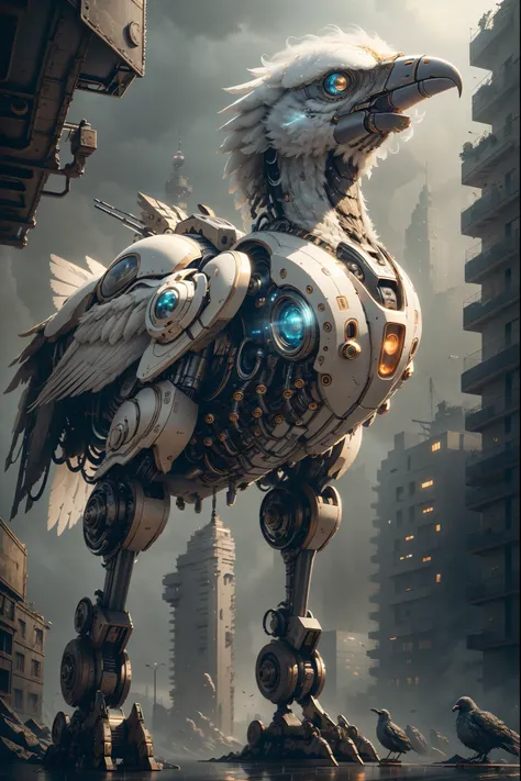 (Best quality, A high resolution, Ultra-detailed), [A robotic bird, Mechanical, Futuristic, Metallic, glowing light eyes, sharp beak, Joint movements, industrial design], Rain-soaked streets, dystopian city, atmospheric fog, Cinematic, Atmospheric lighting...