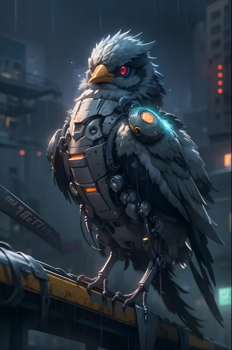 (Best quality, A high resolution, Ultra-detailed), A robotic bird, Mechanical, Futuristic, Metallic, glowing light eyes, sharp beak, Joint movements, industrial design, Rain-soaked streets, dystopian city, atmospheric fog, Cinematic, Atmospheric lighting,