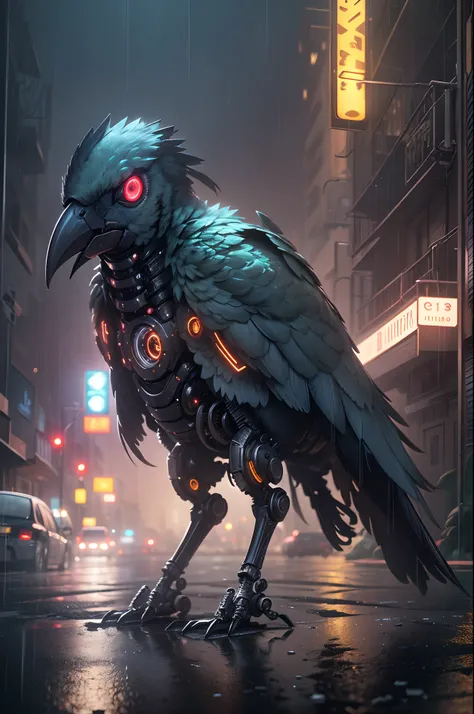 (Best quality, A high resolution, Ultra-detailed), A robotic bird, Mechanical, Futuristic, Metallic, glowing light eyes, sharp beak, Joint movements, industrial design, Rain-soaked streets, dystopian city, atmospheric fog, Cinematic, Atmospheric lighting,