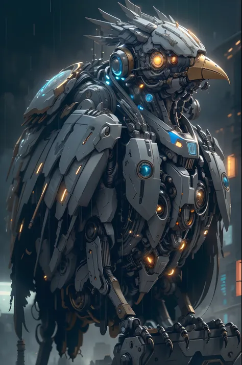 (Best quality, A high resolution, Ultra-detailed), A robotic bird, Mechanical, Futuristic, Metallic, glowing light eyes, sharp beak, Joint movements, industrial design, Rain-soaked streets, dystopian city, atmospheric fog, Cinematic, Atmospheric lighting,