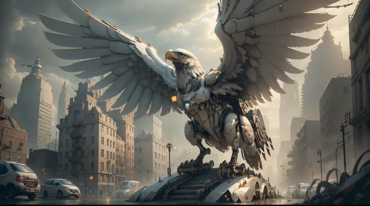 (Best quality, A high resolution, Ultra-detailed), [A mechanical eagle, Mechanical, Futuristic, Metallic, glowing light eyes, sharp beak, Joint movements, industrial design], Rain-soaked streets, dystopian city, atmospheric fog, Cinematic, Atmospheric ligh...