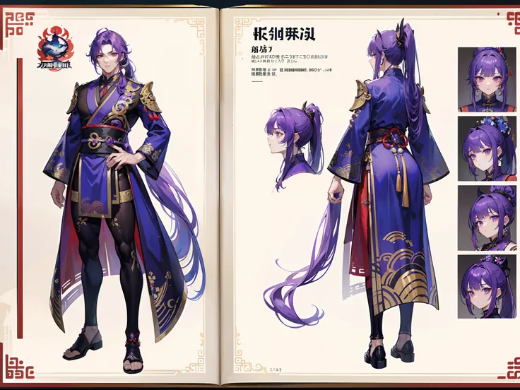 ((Masterpiece, Highest quality)), Detailed face, character design sheet， full bodyesbian, Full of details, frontal body view, back body view, Highly detailed, Depth, Many parts, Muscle boy with ponytail long purple hair，handsome man, muscle body, Tradition...