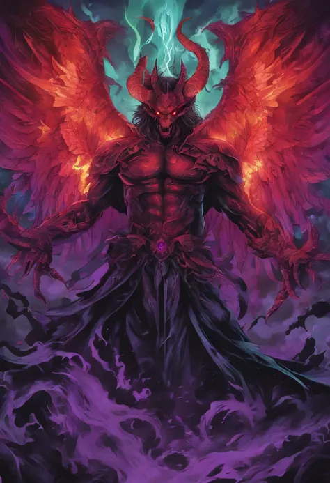 (best quality,4k,8k,highres,masterpiece:1.2),ultra-detailed,(realistic,photorealistic,photo-realistic:1.37),evil demon with glowing purple abyssal powers,casting mystic soul spells,handsome demon,large jagged demonic horns,massive demon angel wings,dark an...