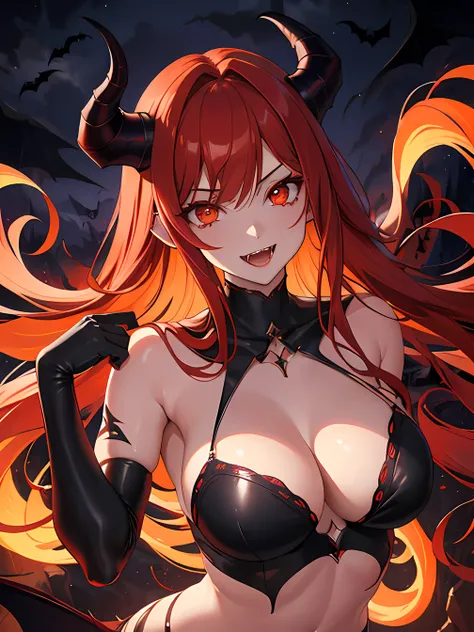 masterpiece, best quality, 1 girl, red hair, orange eyes, glowing eyes, horns, demon girl, fangs, succubus, eyeliner, fangs, evil smile, dark atmosphere, spooky, (dark, night:1.6), spooky, outdoors, stomach