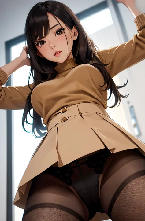 a girl with sweater and skirt, ((a view from below)), long stockings or pantyhose, ((upskirt)), camel toe, sexy underwear, medium breasts, spread legs, (very detailed), ((perfectly detailed face)), (detailed face), (detailed hand), photorealistic image.