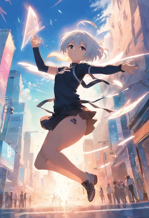 anime girl with white hair and black outfit flying through the air, an anime drawing inspired by Krenz Cushart, pixiv, conceptual art, nier autoamata, krenz cushart and artgerm, ayaka genshin impact, 2b nier automata, nier 2 b, detailed key anime art, grav...