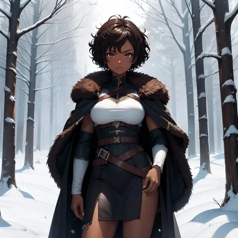 Dark skin woman. Brown Eyes. Short Curly Hair. Berserker Woman. Medieval art. Snow Forest