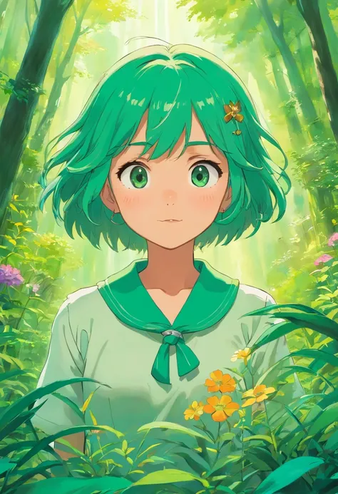 uma menina usando um colar de anime, pele verde esmeralda, no estilo de paisagens de jardim tranquilas, animated color photos, Masami Teraoka, aquamarine, Paulo Gauguin, Estilo Embry, retrato honesto, coque duplo, garota, cabelos negros