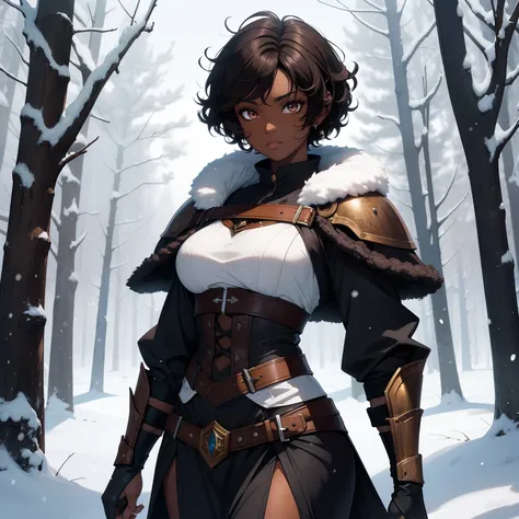 Dark skin woman. Brown Eyes. Short Curly Hair. Berserker Woman. Medieval art. Snow Forest