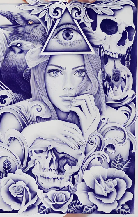 A closeup of a drawing of a woman with a skull and a bird, ballpoint pen art, drawn in ballpoint pen, ink and ballpoint, arte a tinta, ballpoint, illustration in pen an ink, mulher extremamente detalhada, Pen drawing, Directed by: Dave Arredondo, Illustrat...