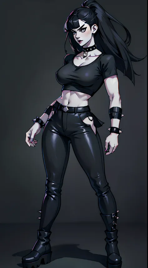 Goth Woman, pale skin, black lipstick, long straight black hair with bangs, choker with spikes, black clothes, black pants, big breasts, thin waist, wide hips, attractive face, fighting pose, black platform combat boots, black t-shirt, spiked bracelet, ful...