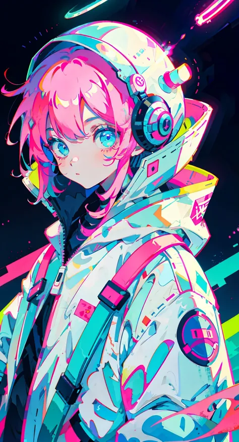 anime girl, wearing astronaut suit, neon pink and blue colors, scars, stickers, neon style of whole shot