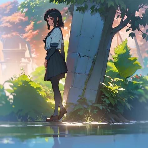 (Best Quality, hight resolution, Ultra-detailed, Realistic:1.37), peaceful ambiance, (plein air, garden), Teenage girl standing alone, Beautiful detailed features, Cute smile, ((Black bob hair)),Navy blue sailor suit, Pleated skirt,Black tights,Brown leath...