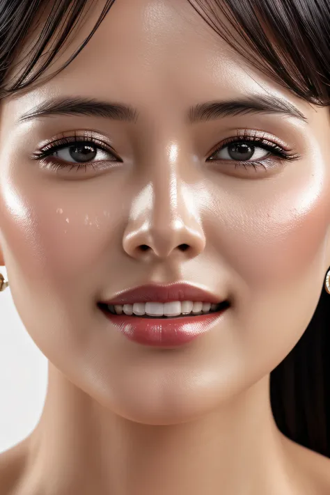 {{{{8K_Wallpaper}}}},{{{masutepiece}}}, award - winning photo, Extremely detailed, 8K,hight resolution、Definition image quality、, Woman with mouth open and eyes closed , A dark-haired、Skin shiny with sweat、Glossy skin、woman face closeup、Symmetrical face、