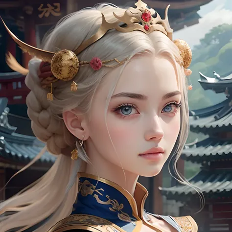 Menina de 18 anos, de cabelos castanhos, Angelical face, qualidade alta, anime  kawai, olhos castanhos, cabelos complidos  vestido de princesa, Japanese style and a crown with a Chinese dragon