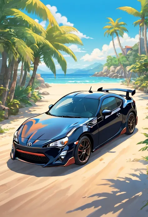 Sticker design, toyota gt86 car, beach background, Palm trees, 5 colors of layers, Corner Street, Beleq drum, Presean, car in black color