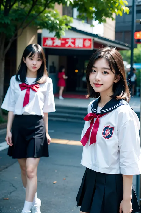 ​masterpiece, top-quality、Raw foto, Photorealsitic、I have two girls who are 18 years old、Walk while having a pleasant conversation、sideshot、a closeup、Open your mouth and laugh、Short bob blonde and long black hair、Japan High School Girl、a sailor suit、Knee-l...